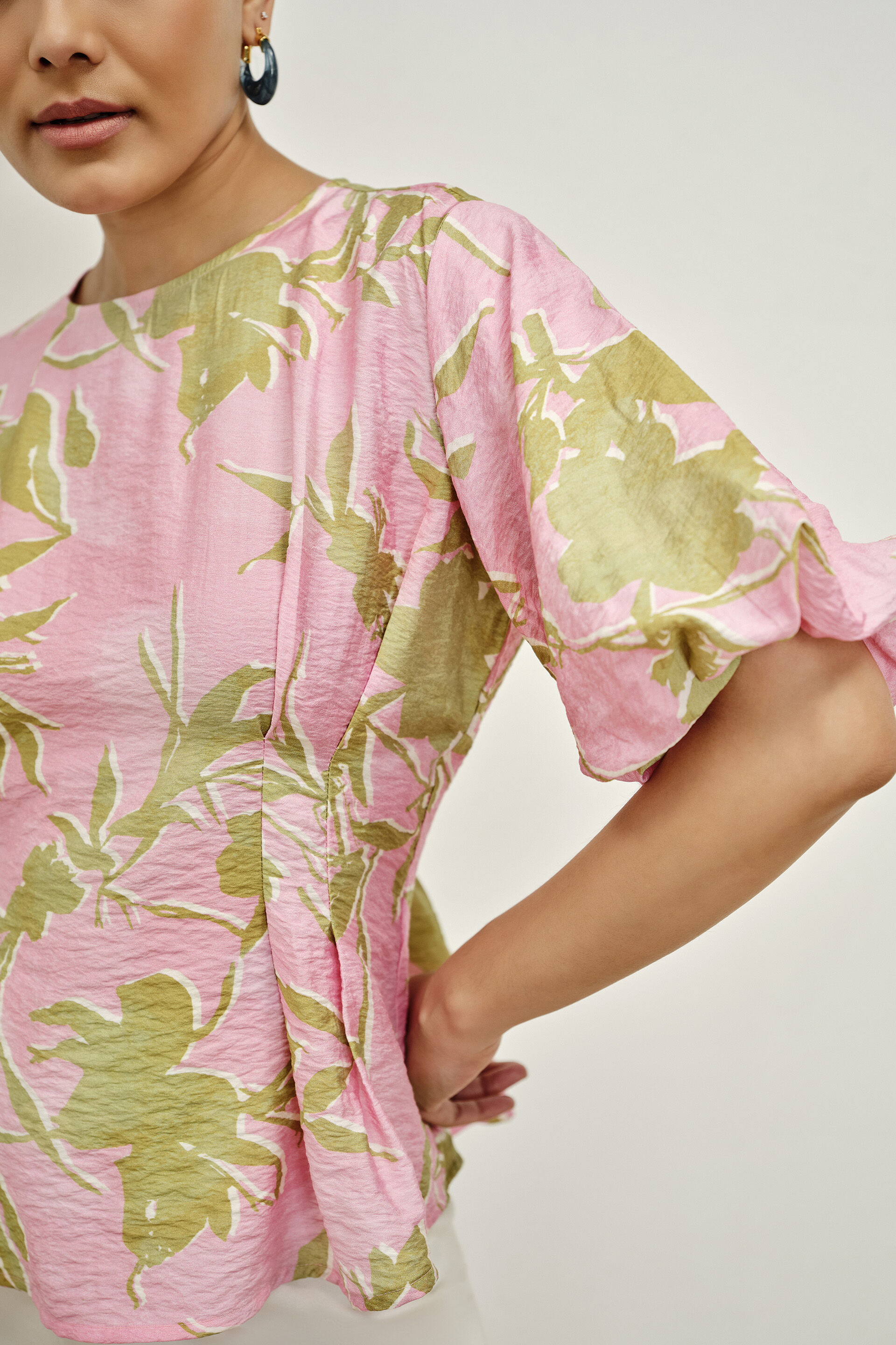Bodycon Floral Smocked Cotton Top in Pink, Pink, image 4